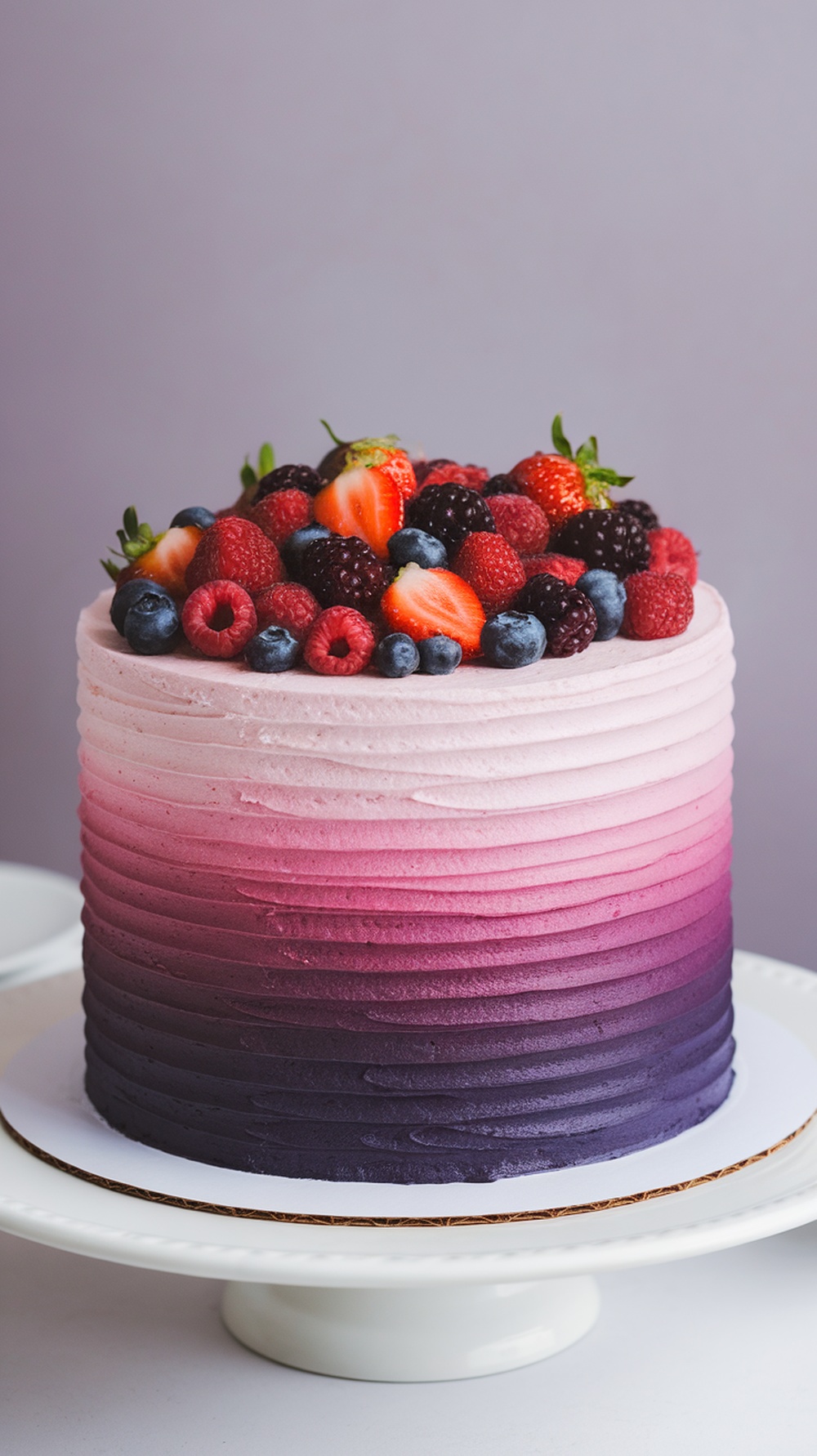 A stunning Berry Medley Ombre Cake with layers of berry colors and fresh fruit toppings.