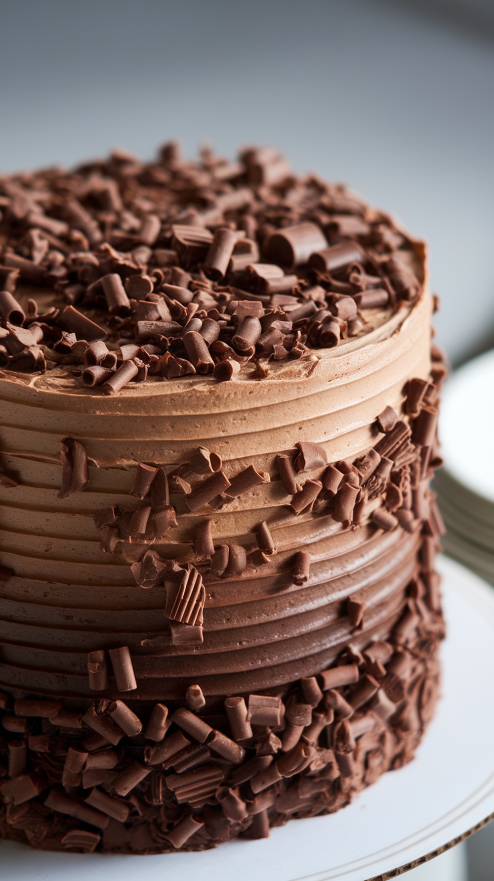 Chocolate mocha ombre cake with layered frosting and chocolate shavings.