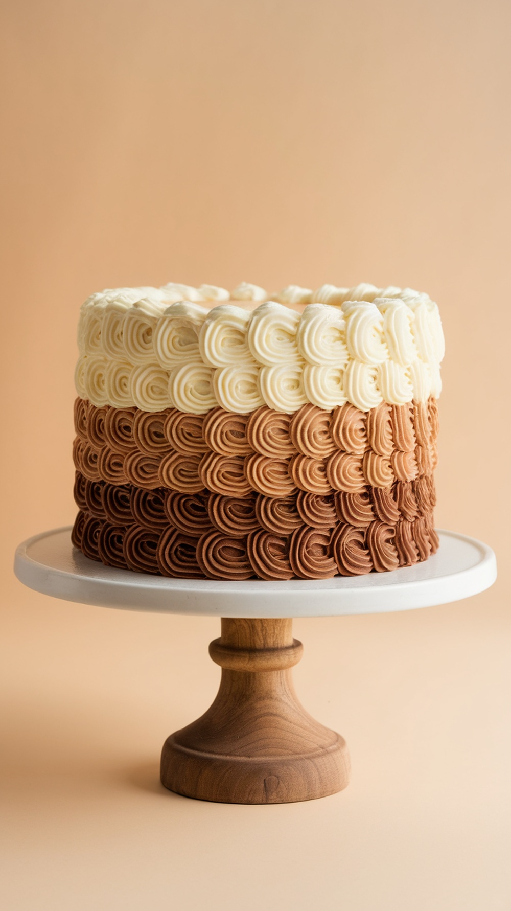 A classic ombre cake featuring chocolate and vanilla layers with a decorative buttercream finish.