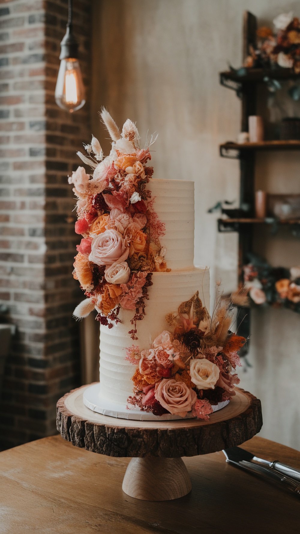 A beautiful two-tiered wedding cake decorated with an array of dried flowers, displayed on a wooden cake stand.