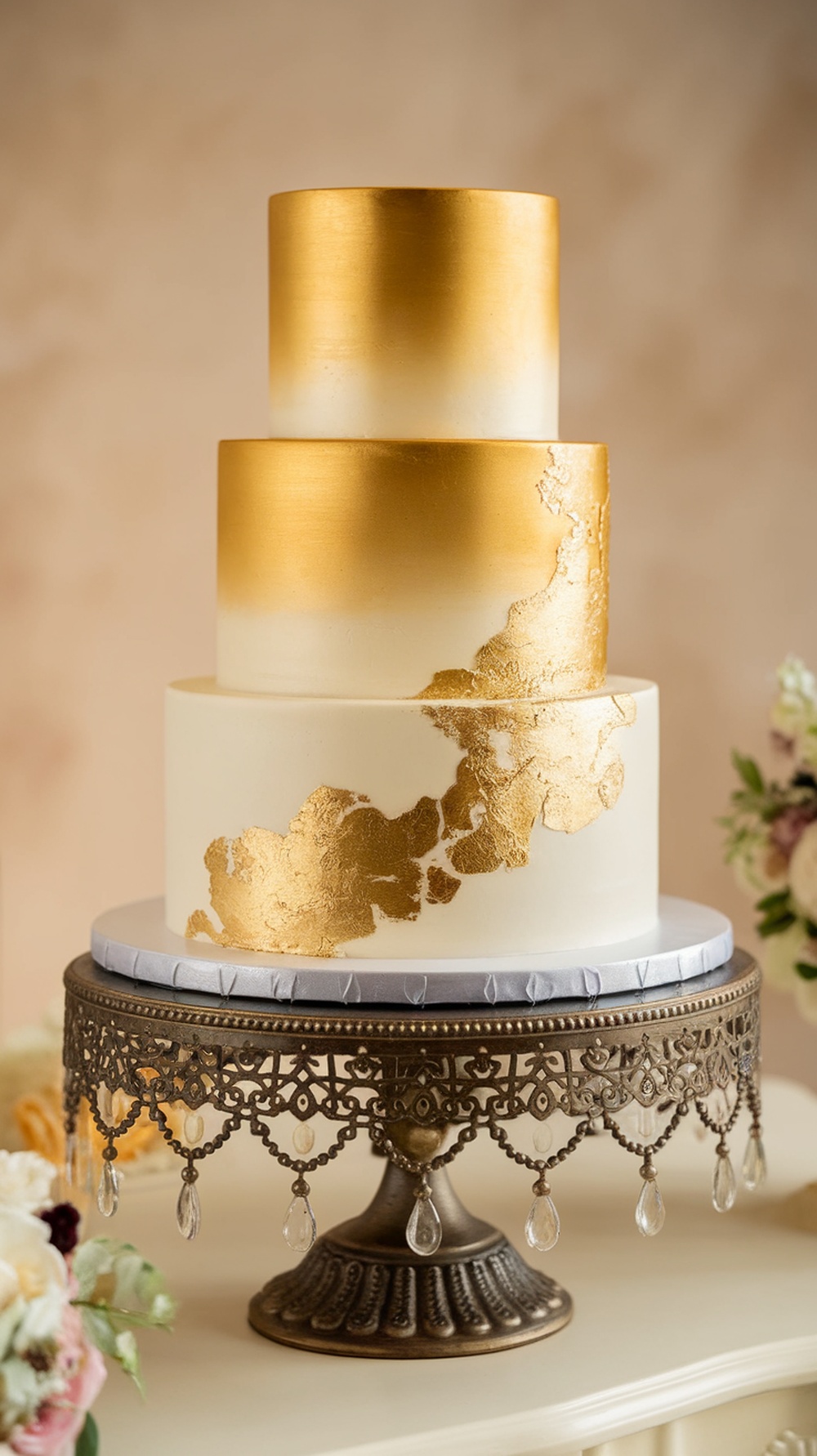Three-tiered cake with gold and cream ombre design and gold accents.