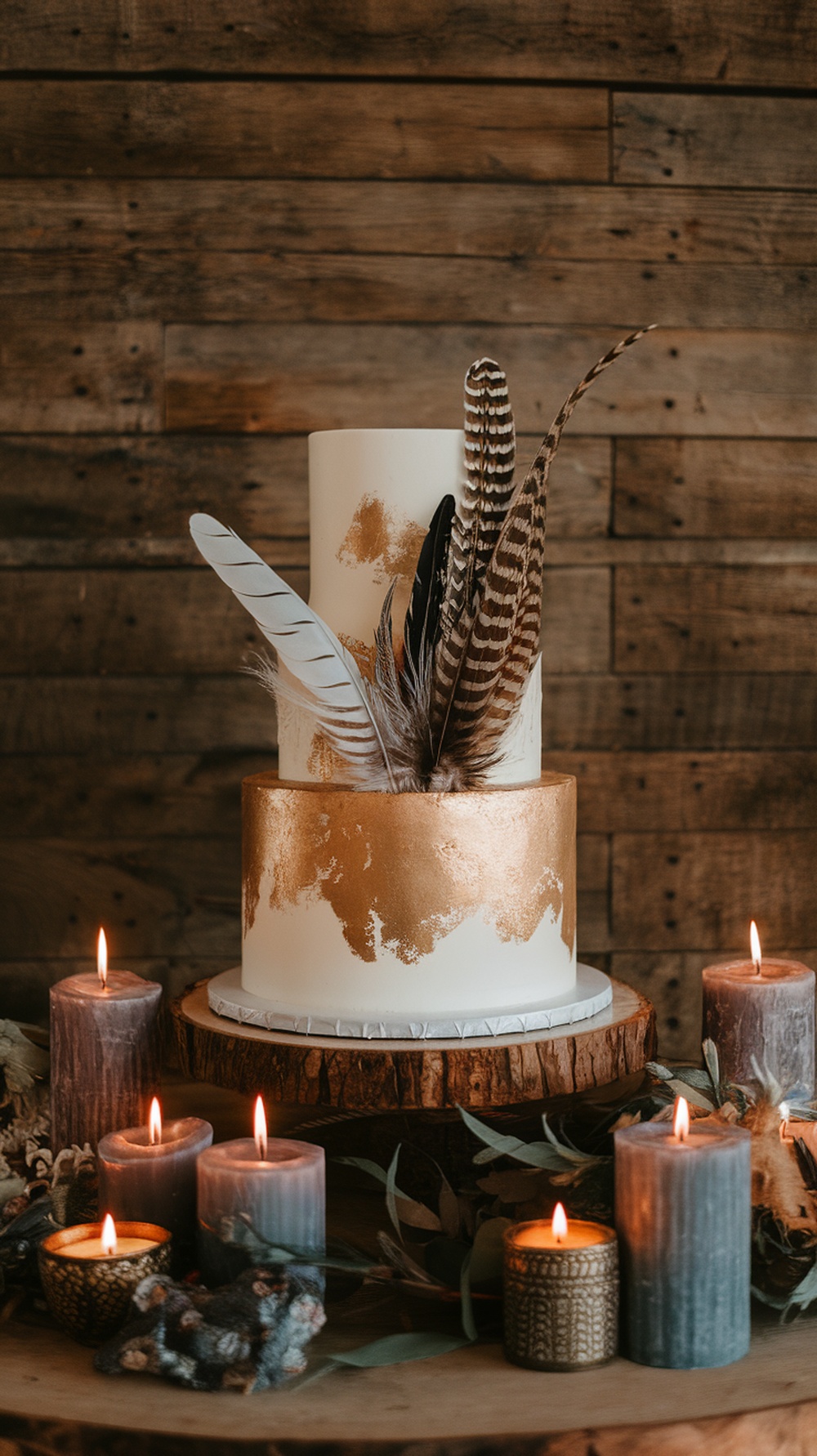 A two-tier wedding cake with feather accents and gold metallic details, surrounded by candles.