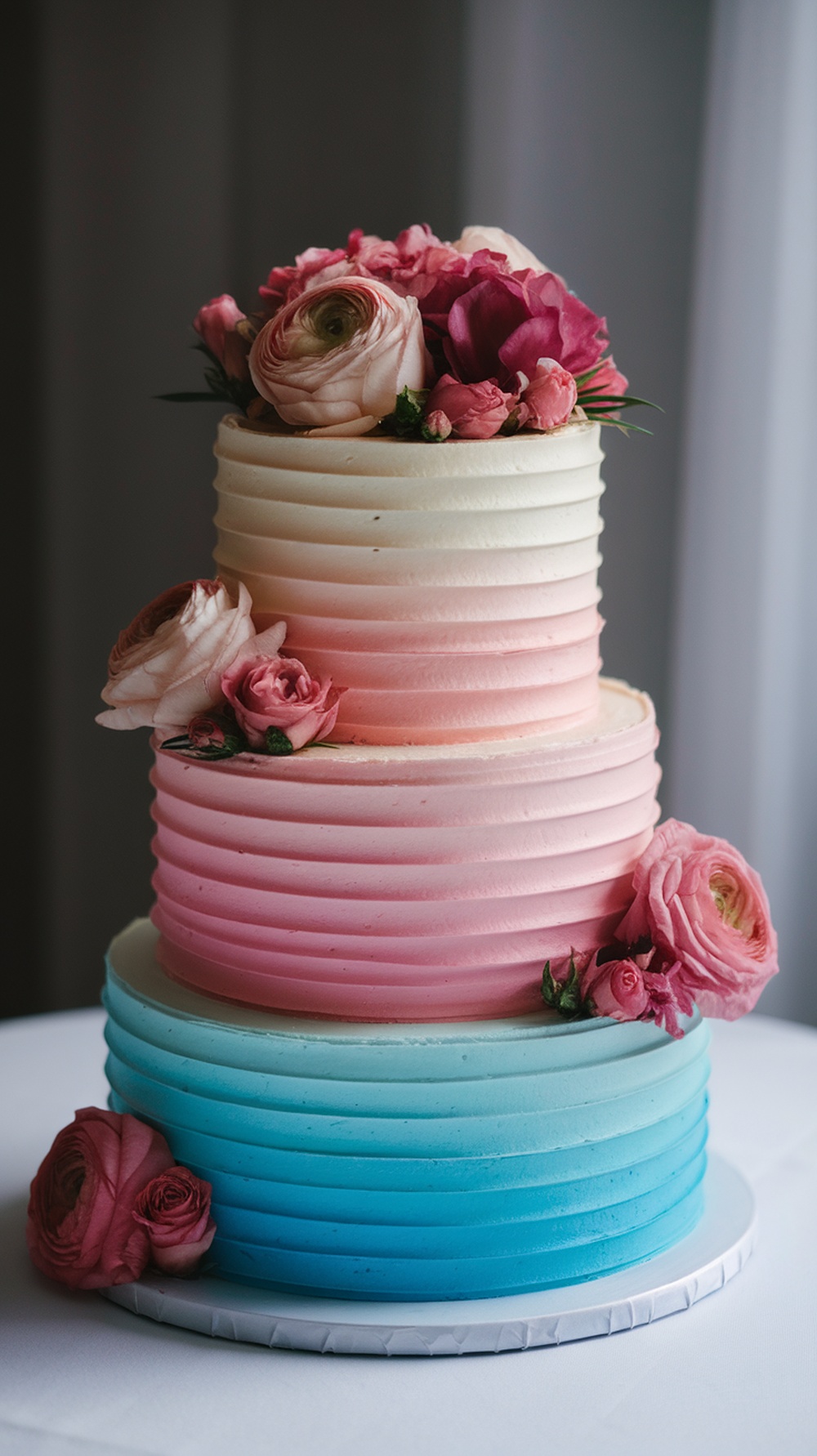 A three-tiered gradient ombre wedding cake in pink and blue, decorated with flowers