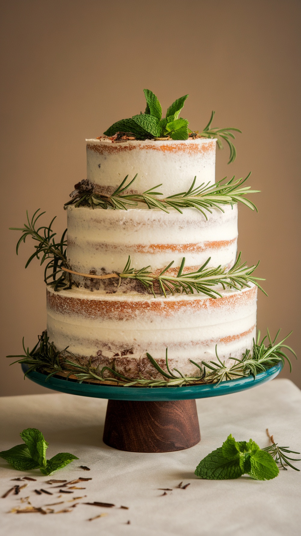 Herb-infused wedding cake decorated with rosemary and mint