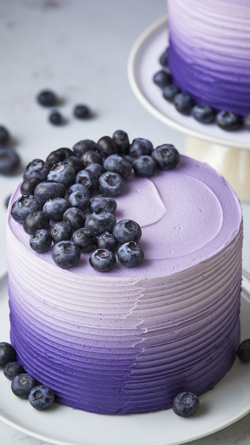 Lavender and blueberry ombre cake with fresh blueberries on top