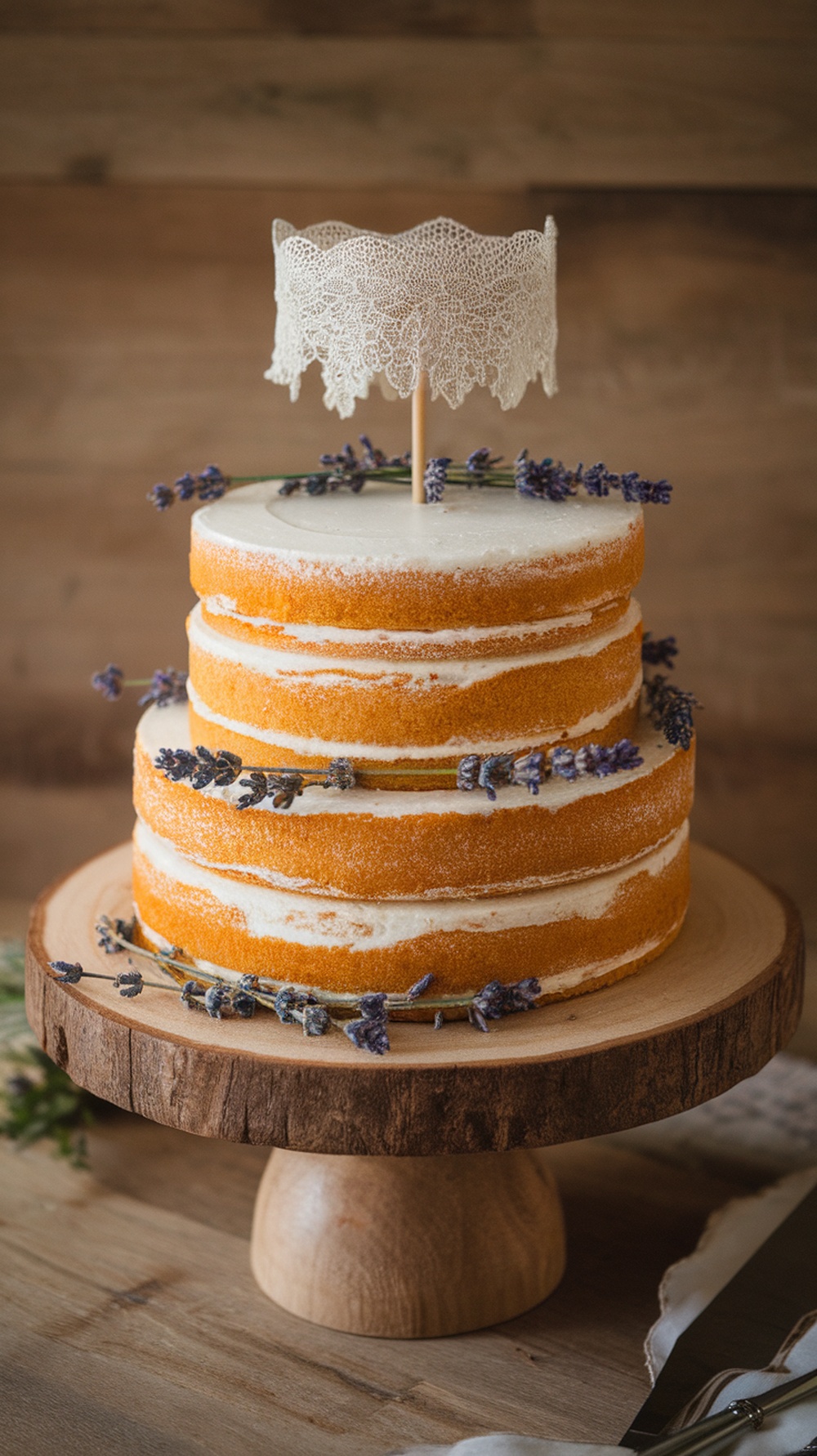 A lavender and honey wedding cake on a wooden stand, featuring a lace topper and fresh lavender sprigs.