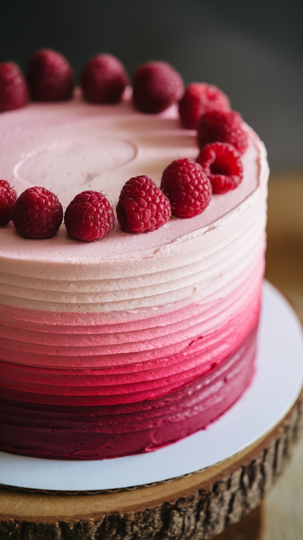 A beautiful raspberry ombre cake with layered pink frosting and topped with fresh raspberries.