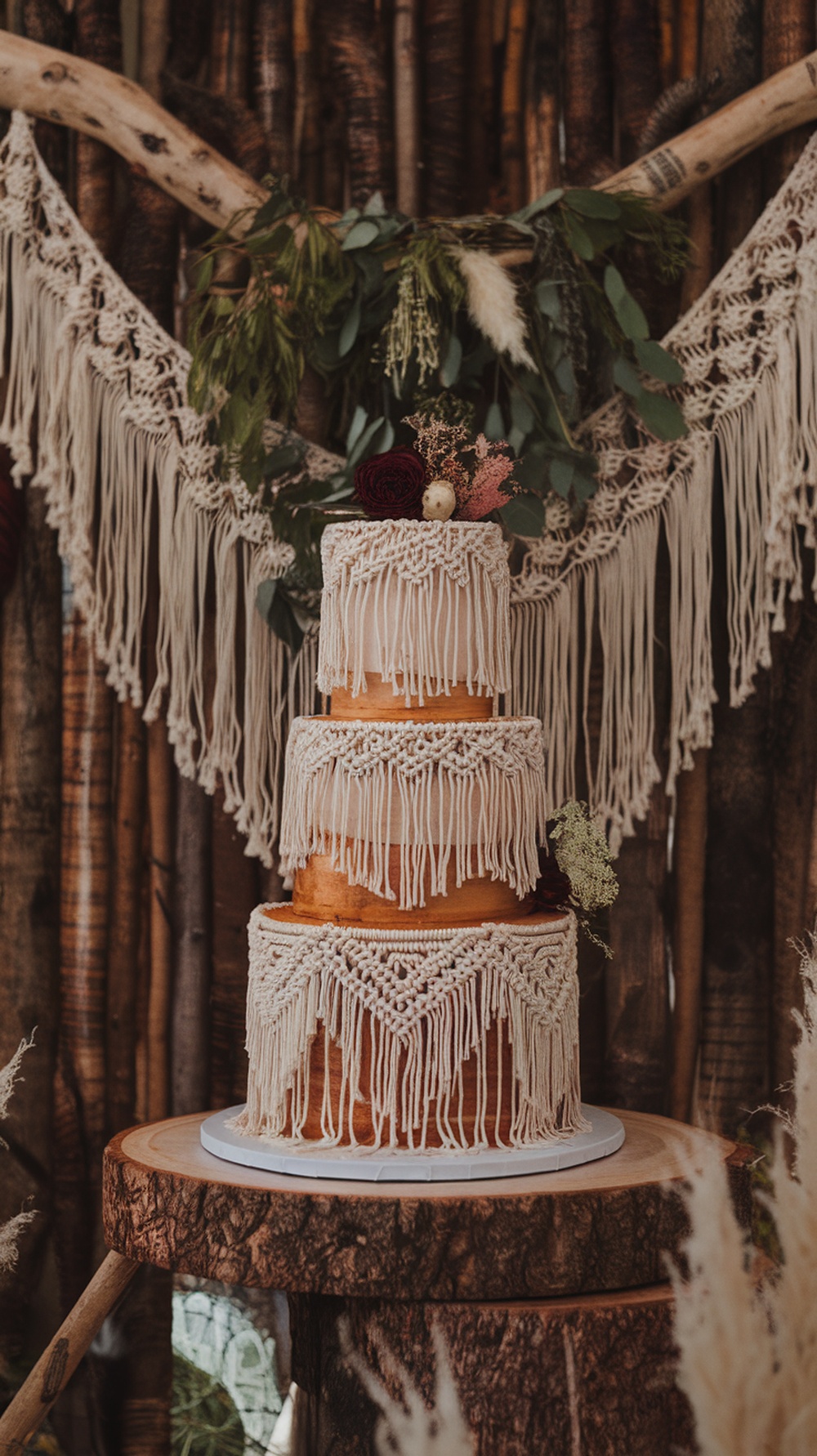 A three-tiered wedding cake decorated with macrame designs and topped with flowers, placed on a wooden stand.