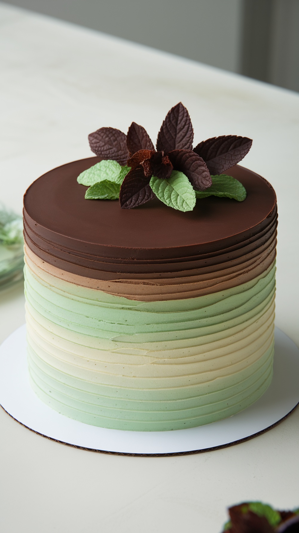 Mint and chocolate ombre cake with chocolate and mint leaf decorations.