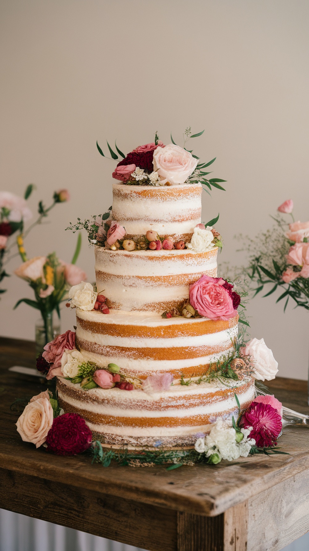 Naked cake with fresh flowers on a wooden table