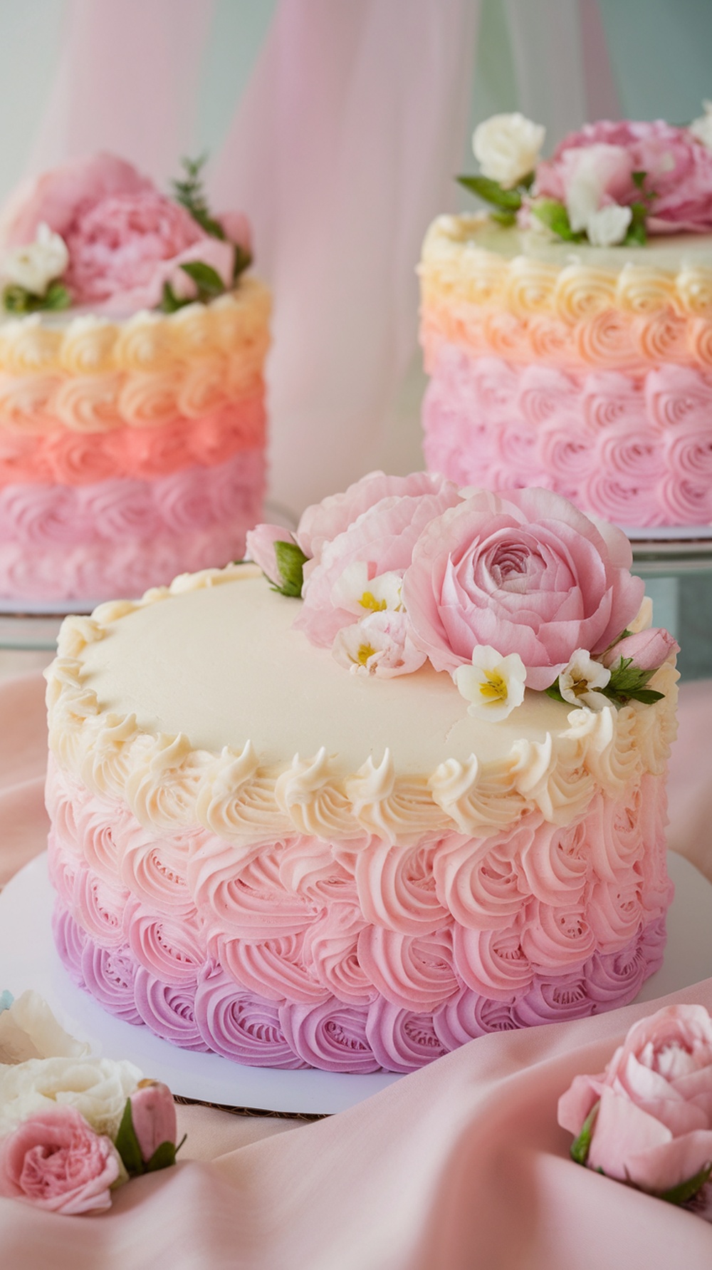 Three pastel ombre cakes in pink and peach with floral decorations