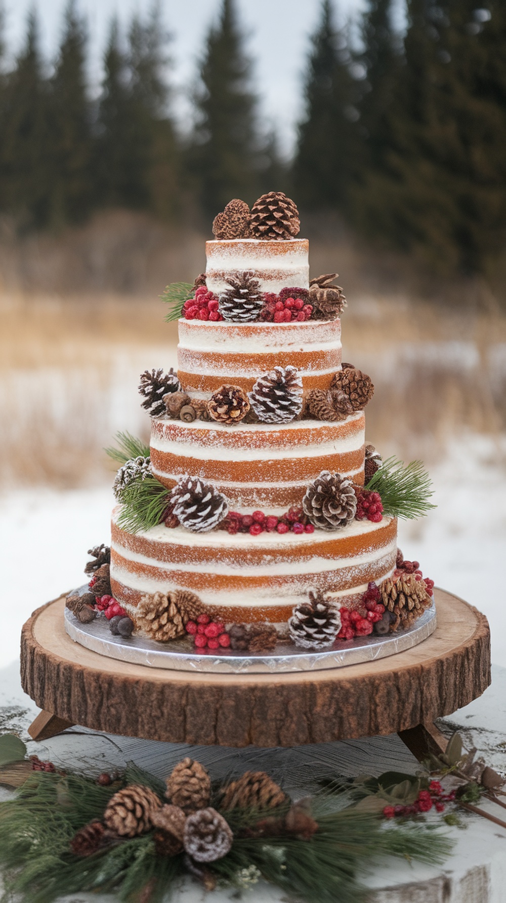A rustic boho wedding cake adorned with pinecones, evergreen sprigs, and red berries, displayed on a wooden stand.