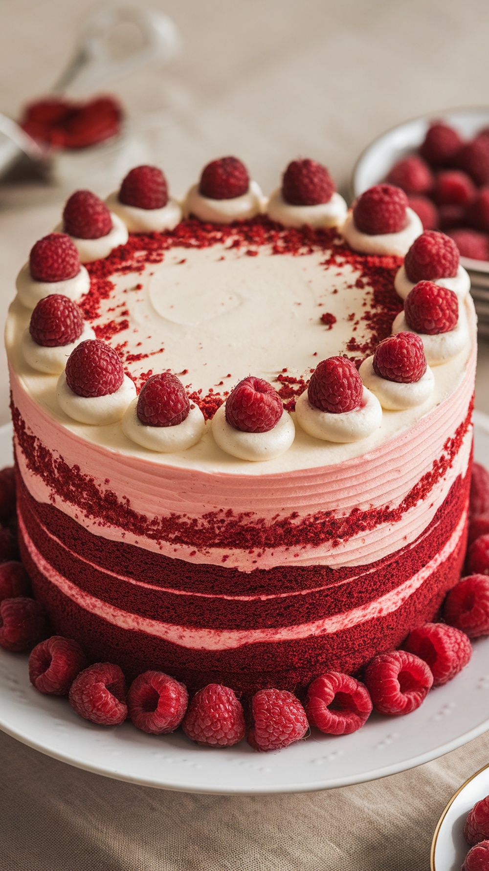A red velvet ombre cake with pink frosting and raspberries on top.