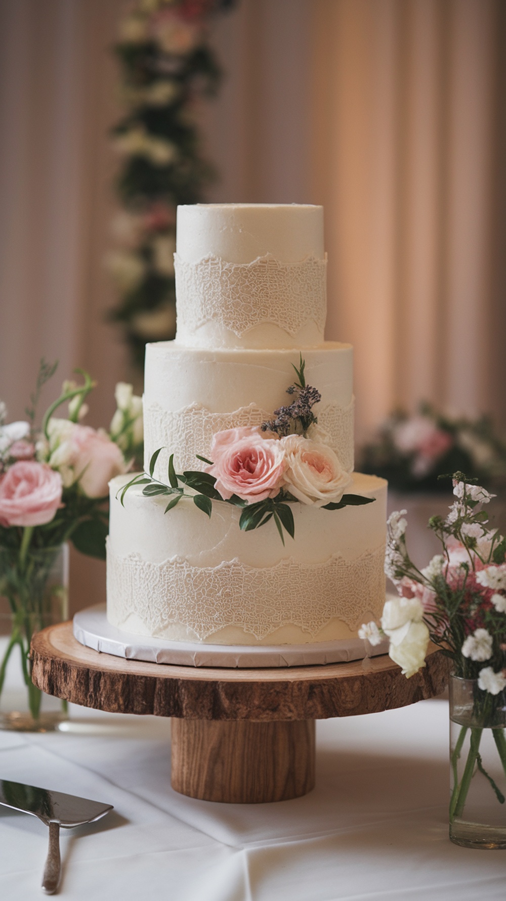 Elegant tiered wedding cake decorated with flowers and lace design