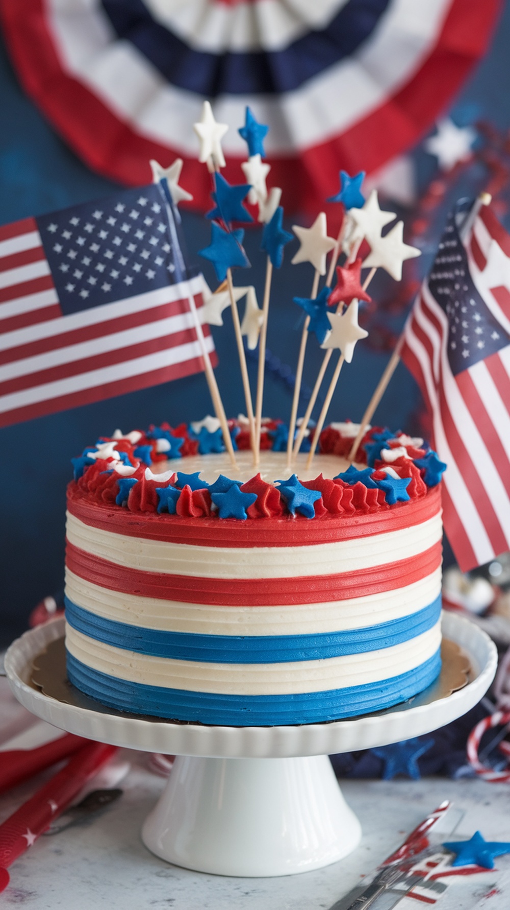 A red, white, and blue buttercream cake decorated with stars and American flags for July Fourth.