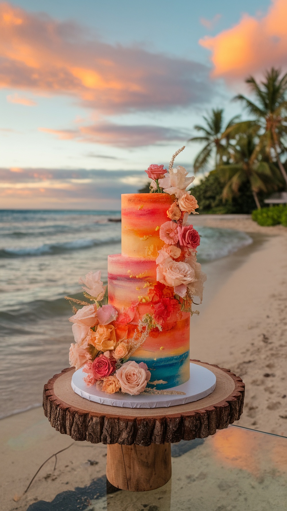 A sunset-inspired wedding cake on a beach, featuring vibrant colors and floral decorations.