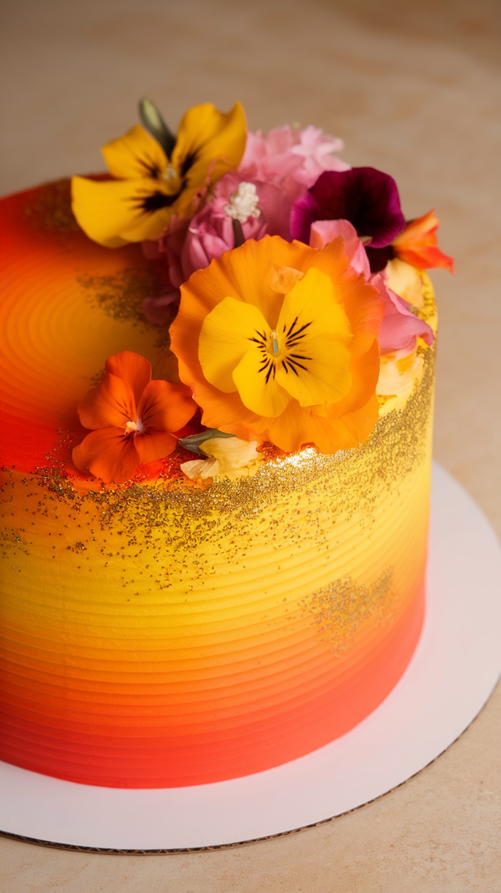 A beautiful ombre cake featuring sunset orange and yellow shades, decorated with colorful flowers.