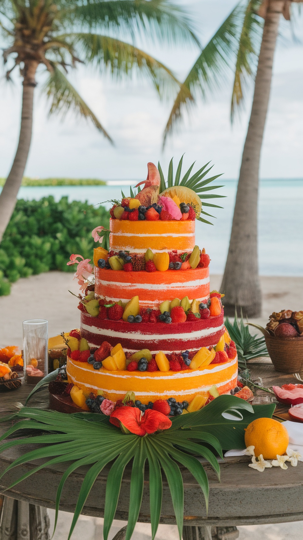 A colorful three-tier tropical wedding cake decorated with fresh fruits and flowers, set by the beach.