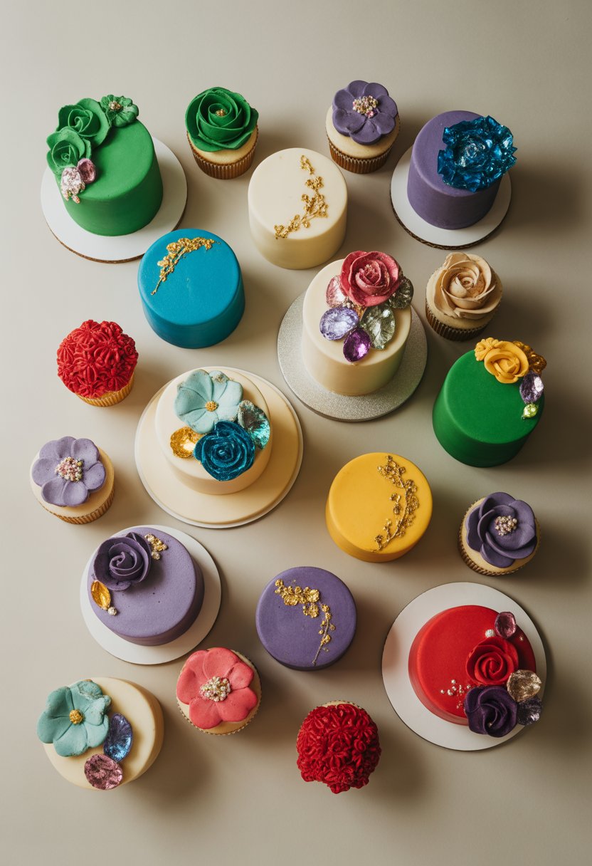 An assortment of colorful cakes and cupcakes decorated with vibrant jewel-tone colors and intricate edible decorations arranged on a neutral background.