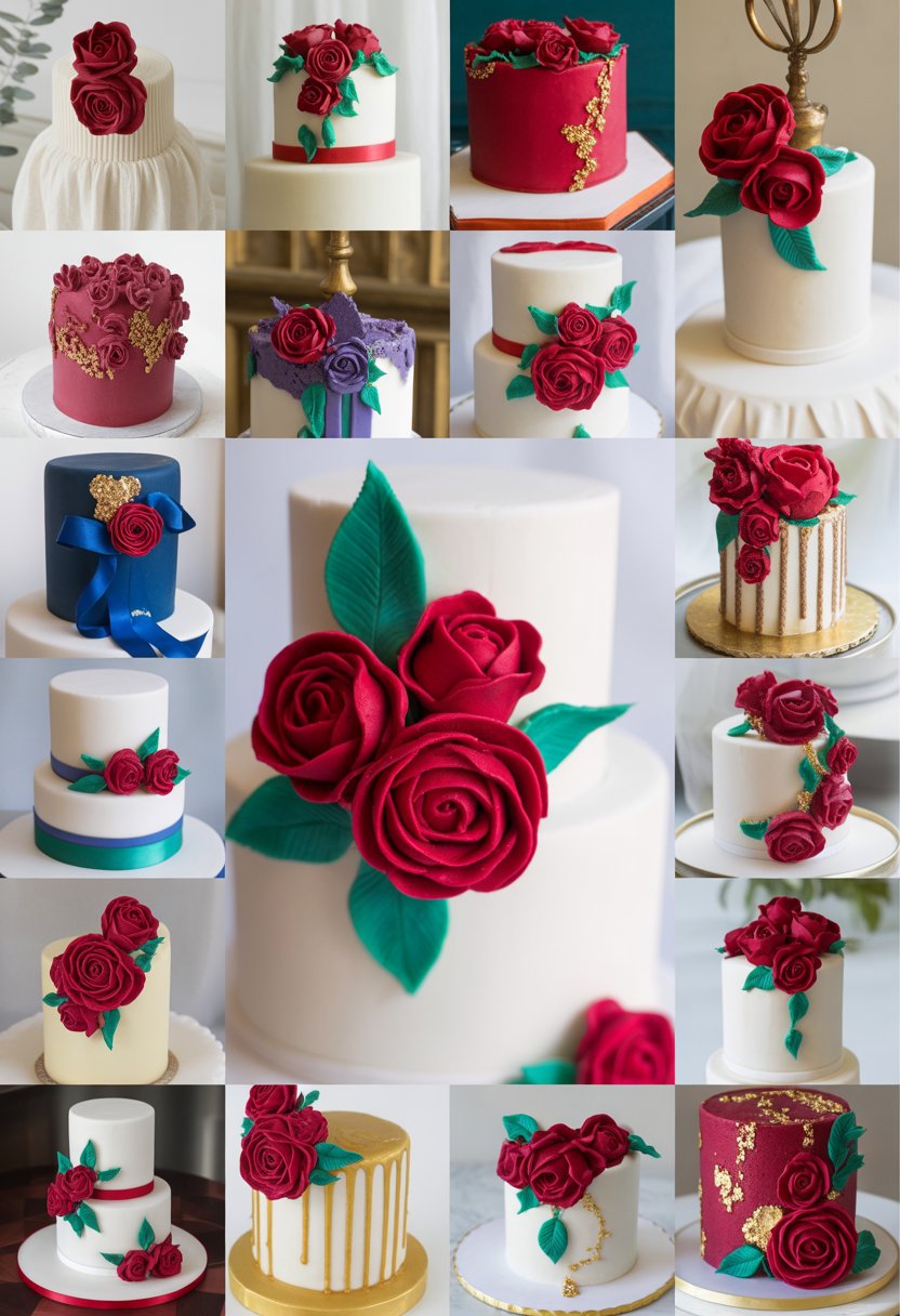 A collection of cakes decorated with ruby red rose toppers and colorful jewel-tone accents arranged on a neutral background.