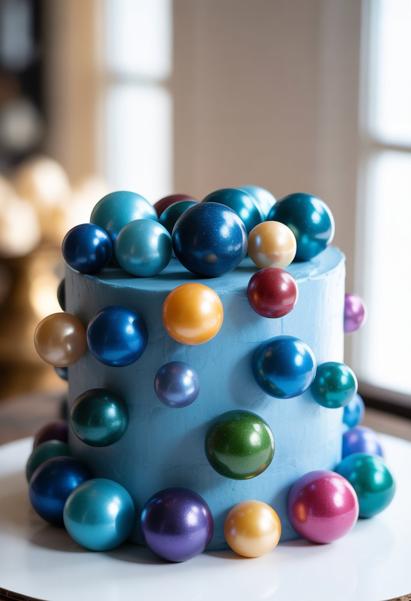 A cake decorated with shiny edible pearls in various jewel tones, including sapphire blue, arranged beautifully on a smooth white frosting.