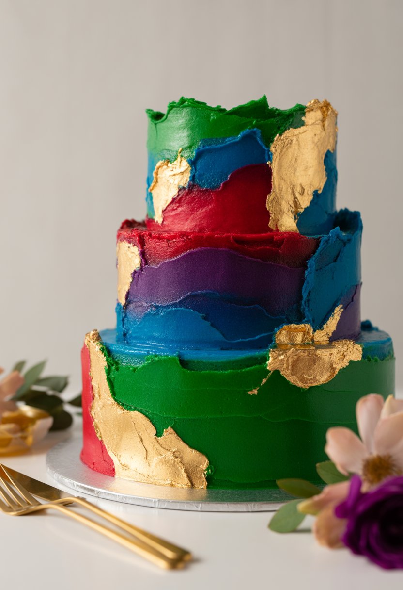 A multi-tiered cake decorated with jewel-toned frosting and yellow gold leaf accents on a neutral background.