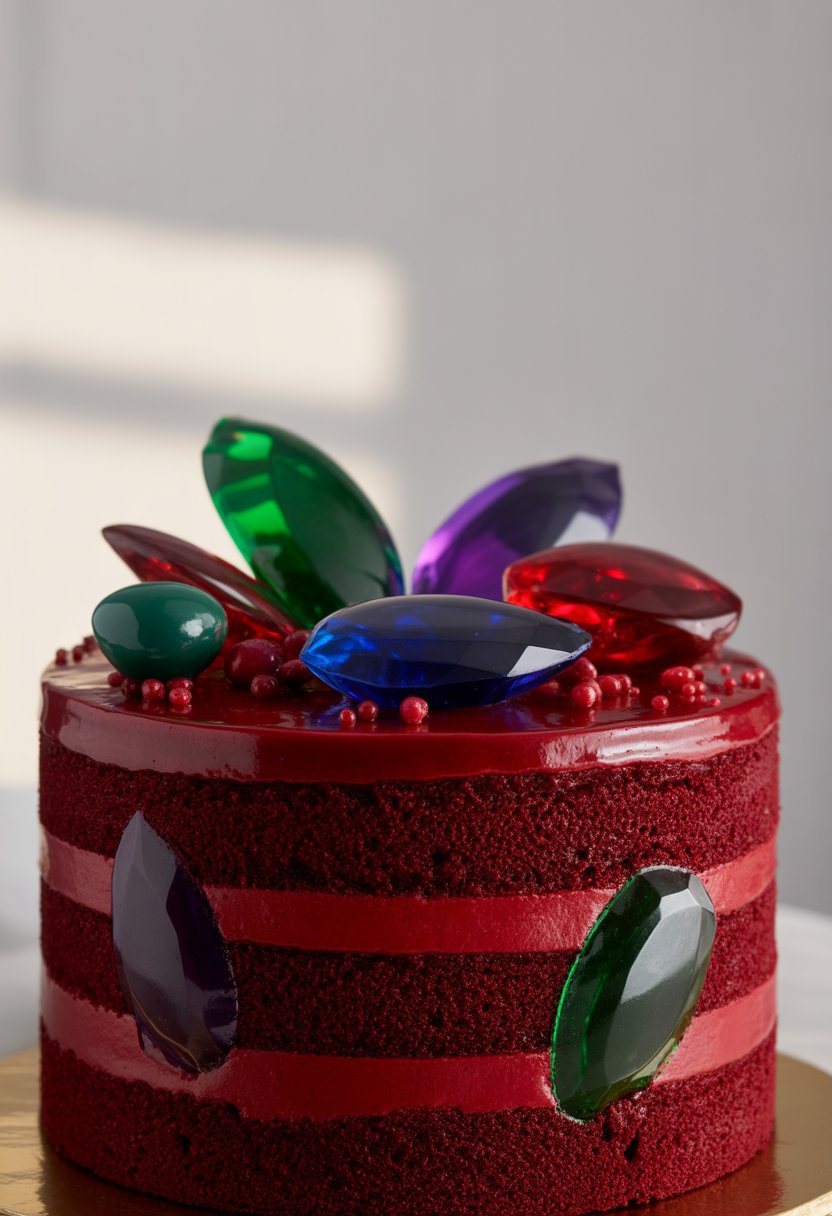 A garnet red velvet layered cake decorated with colorful jewel-toned edible accents on a simple background.