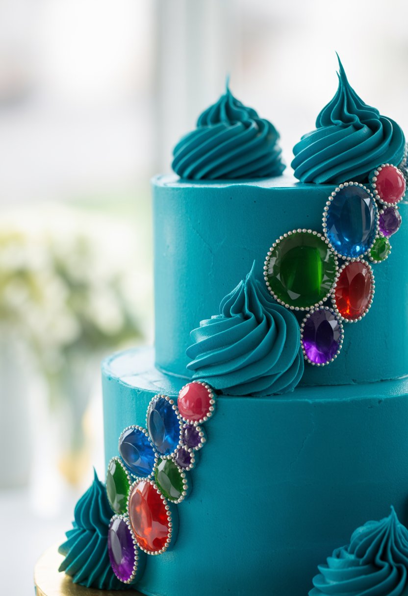 A multi-tiered cake decorated with teal blue buttercream swirls and colorful jewel-tone accents.