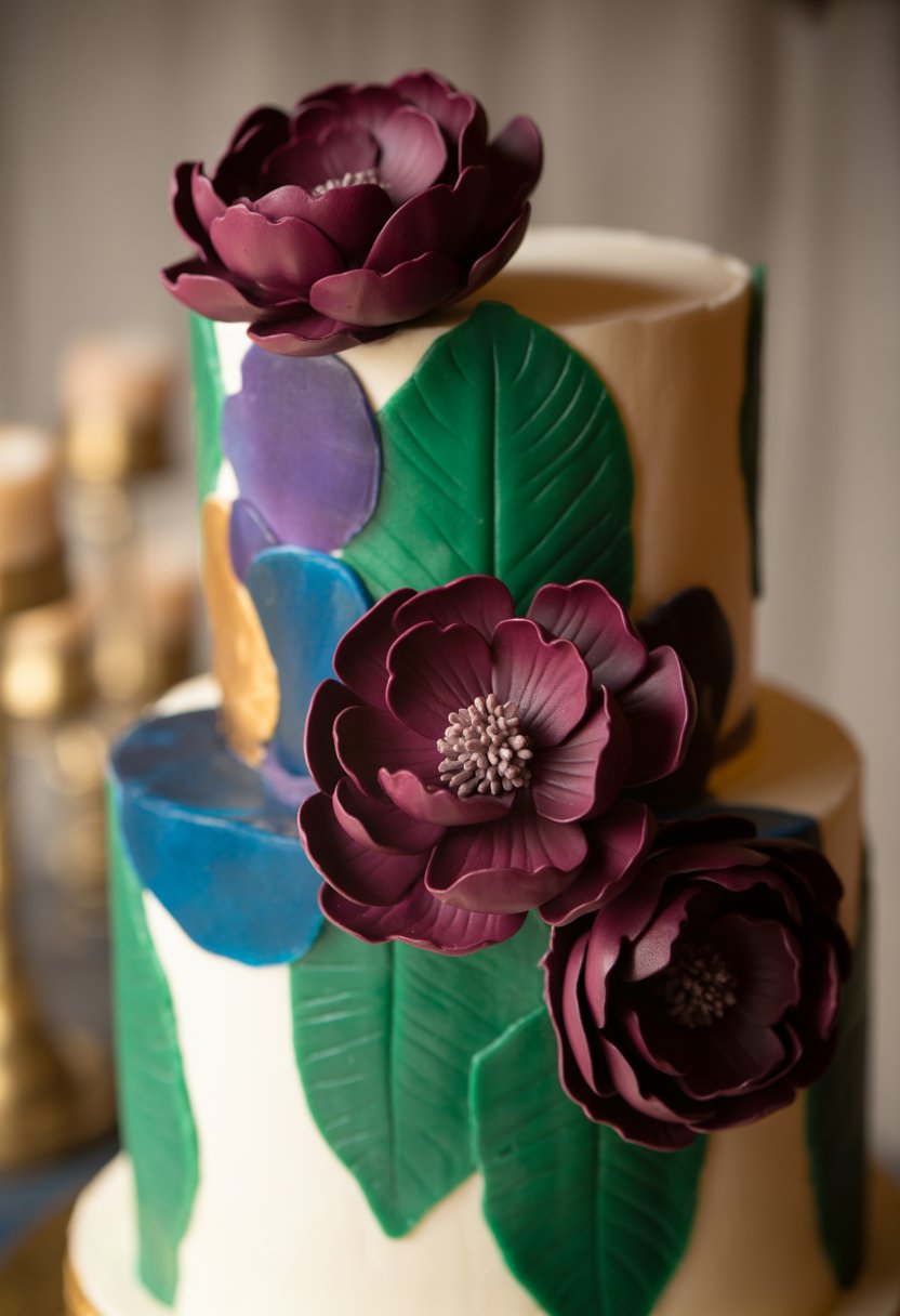 A multi-tiered cake decorated with deep burgundy sugar flowers and jewel-tone accents on a table.