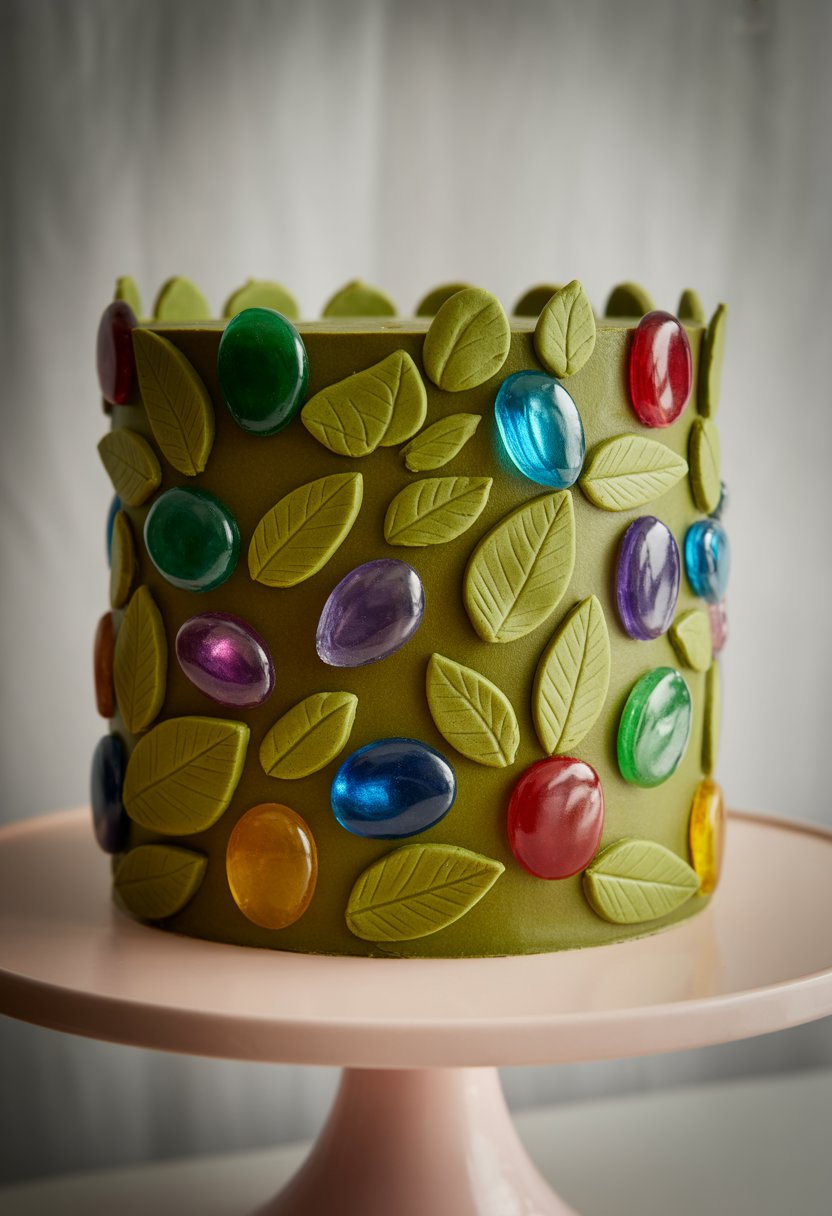 A close-up of a cake decorated with olive green marzipan leaves and colorful jewel-tone accents on a white cake stand.
