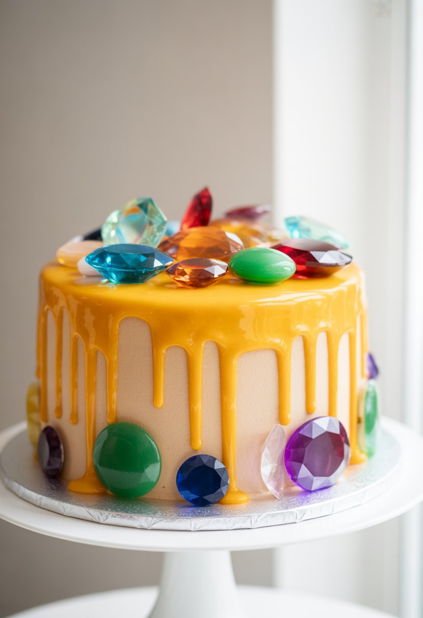 A beautifully decorated cake with bright yellow drip icing and colorful jewel-tone decorations on a white cake stand.