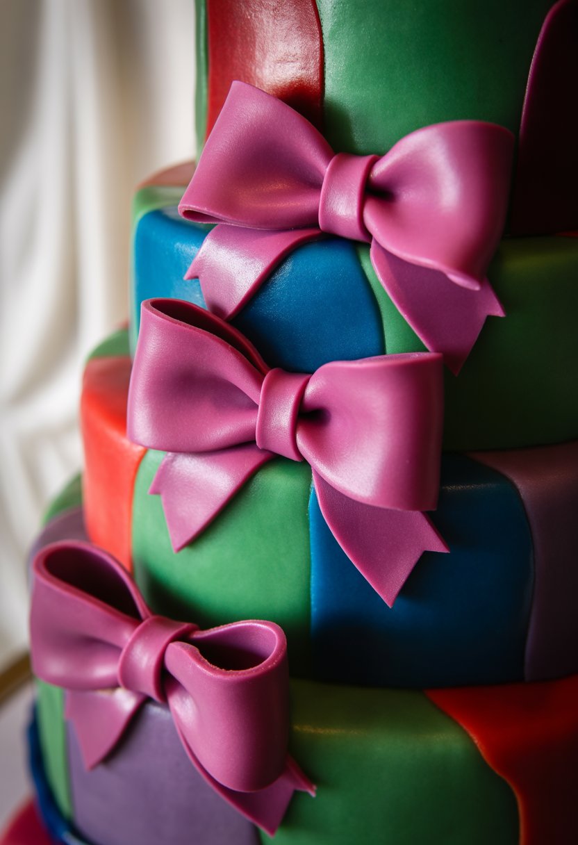 A close-up of a cake decorated with magenta fondant bows and jewel-tone colors.
