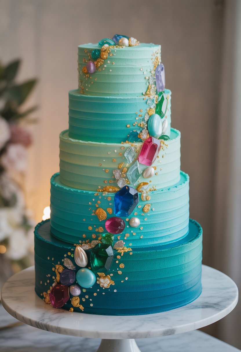 A tall turquoise ombre cake decorated with jewel-toned edible gems and gold accents on a white marble stand.