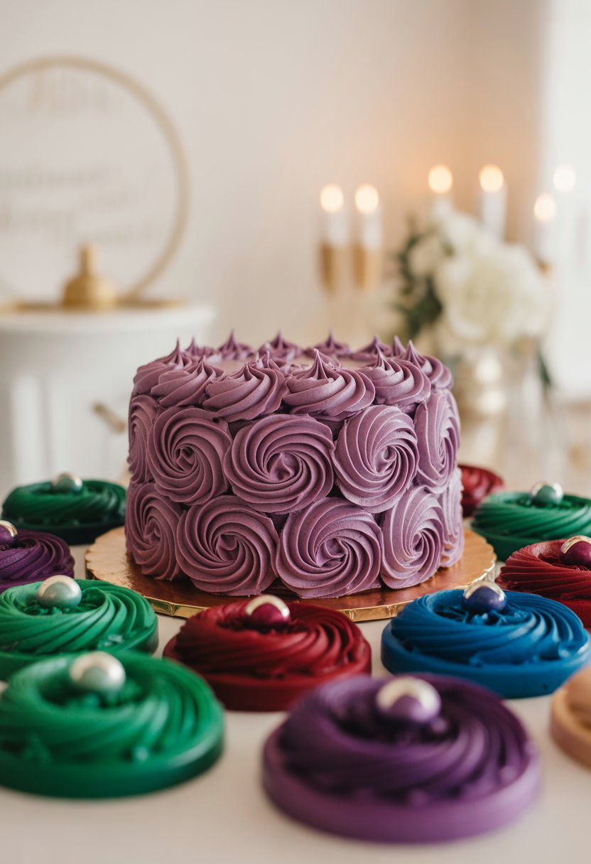 A cake decorated with plum-colored frosting rosettes and colorful jewel-tone accents on a simple background.