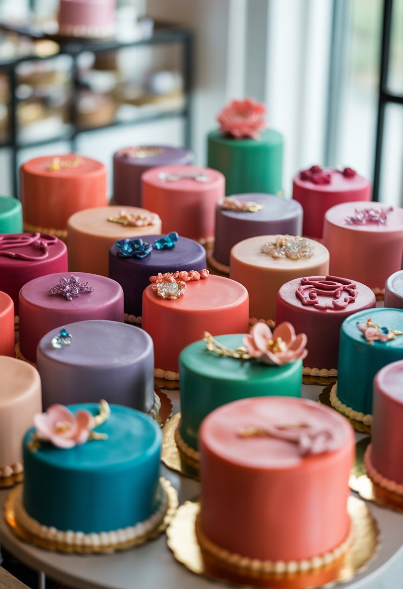 A collection of twenty colorful jewel-tone decorated cakes featuring coral pink and other vibrant colors, arranged on a table in a bakery setting.