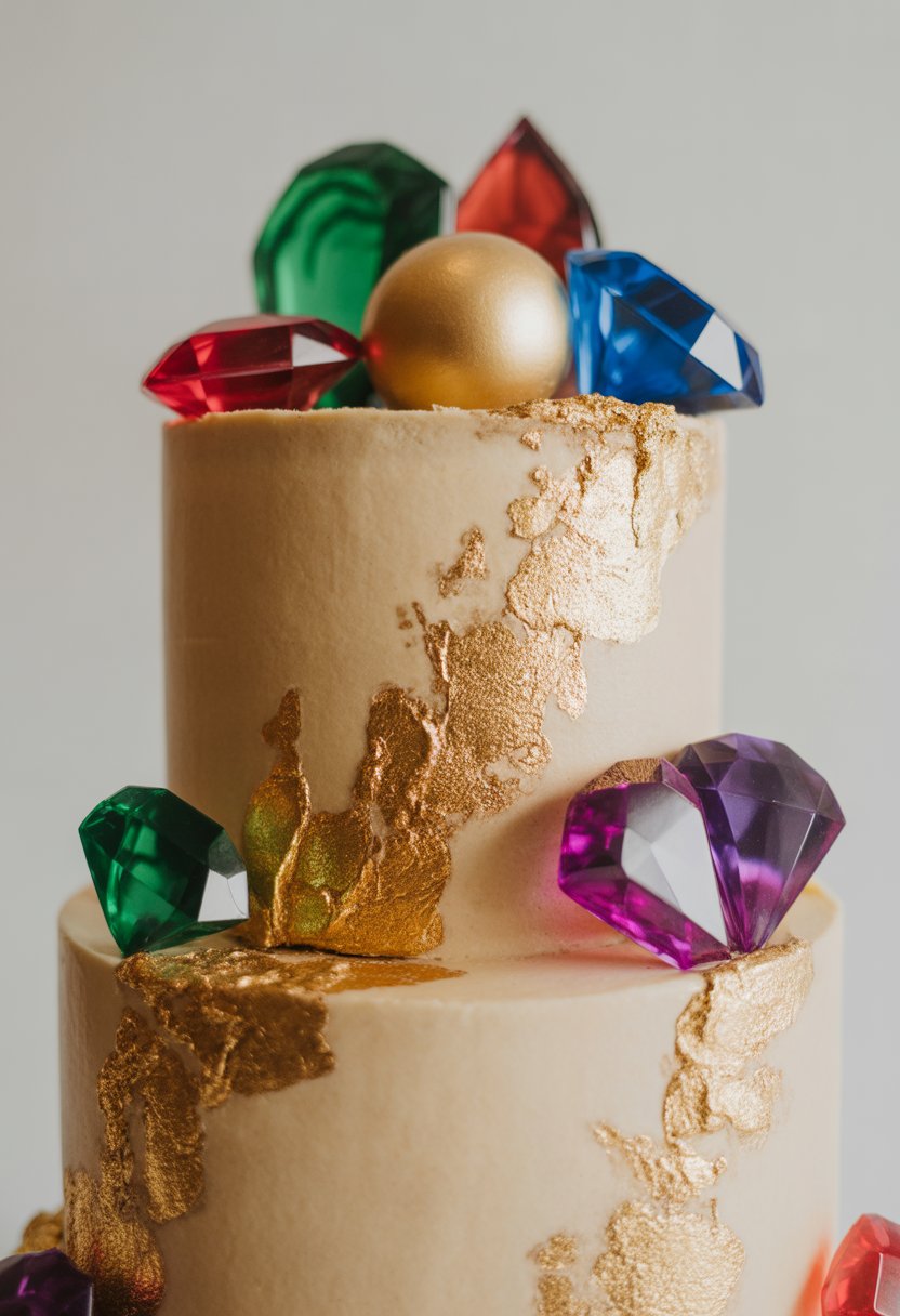 A multi-tiered cake decorated with champagne gold dust and colorful jewel-toned accents on a neutral background.