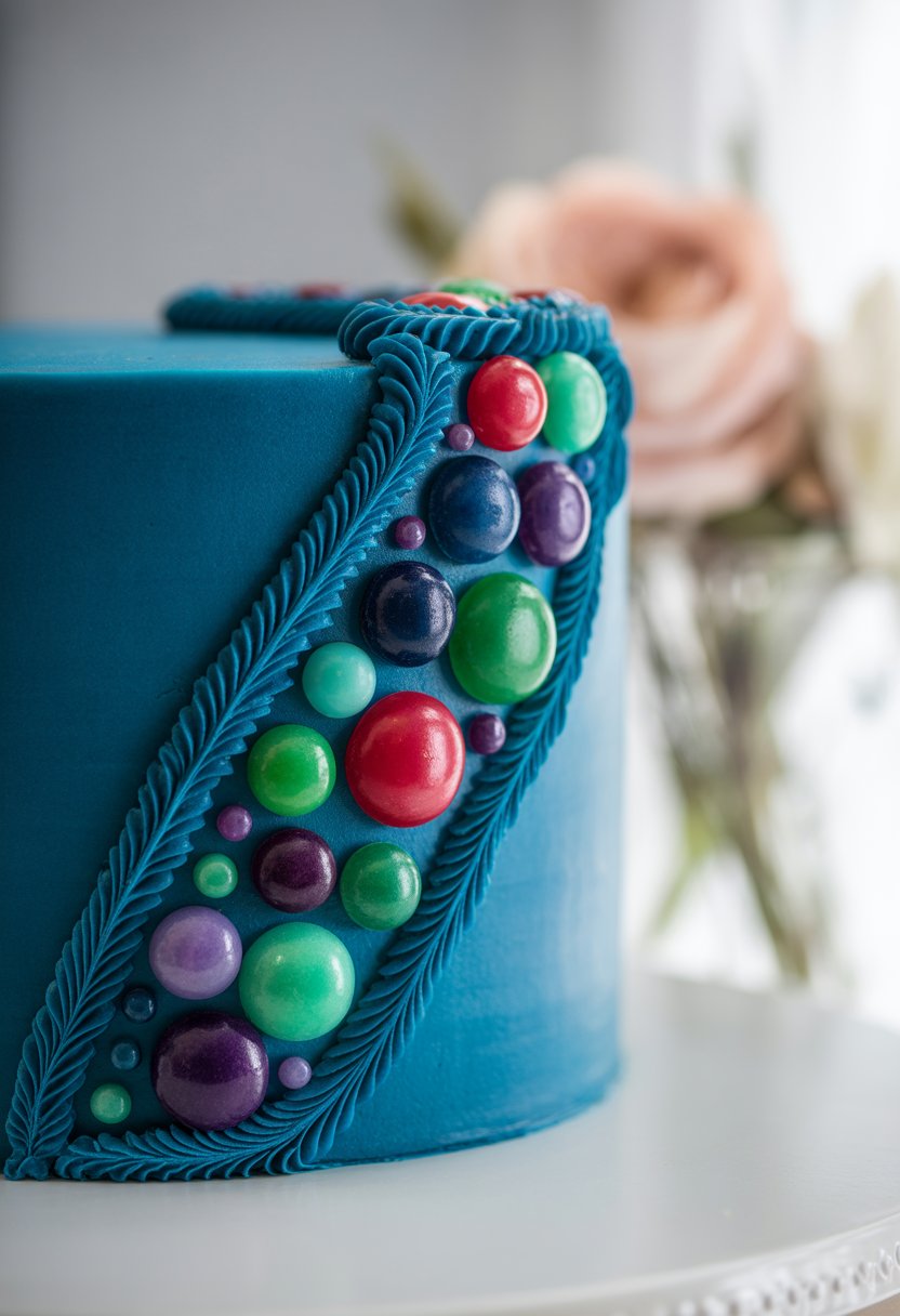 A close-up of a cake decorated with dark cyan piped vines and colorful jewel-tone decorations.