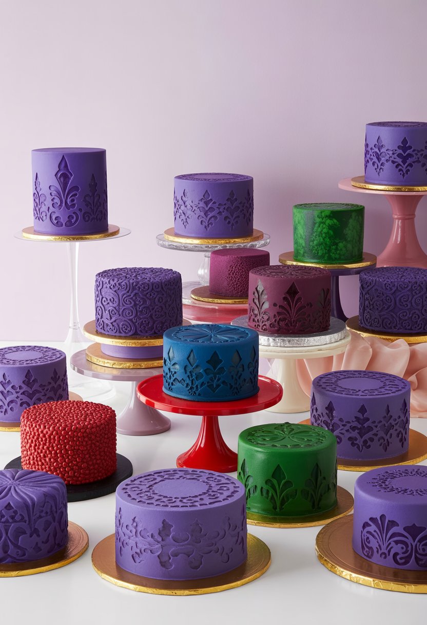 A display of twenty cakes decorated with royal purple stencil designs and jewel-tone accents arranged on tiered stands and platters.