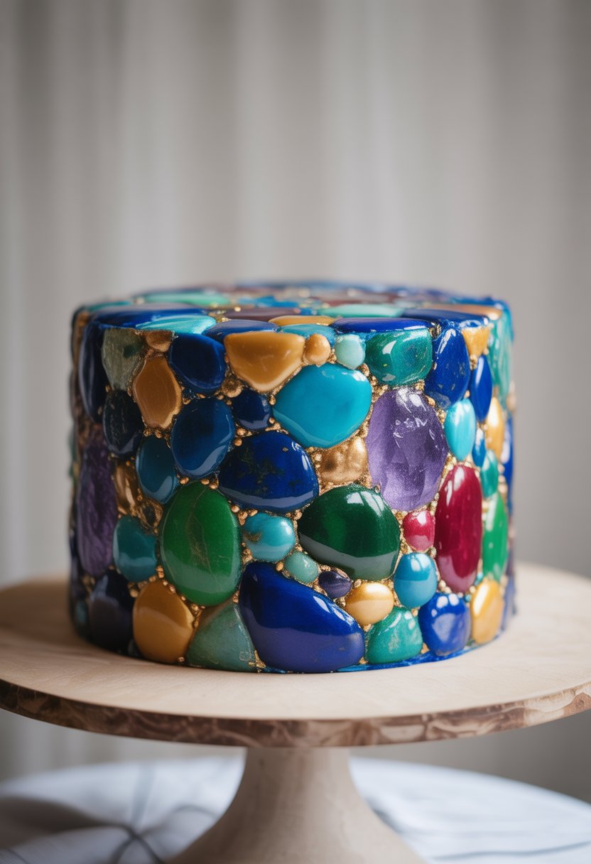 A beautifully decorated cake featuring a colorful mosaic pattern with jewel-tone colors on a white cake stand.