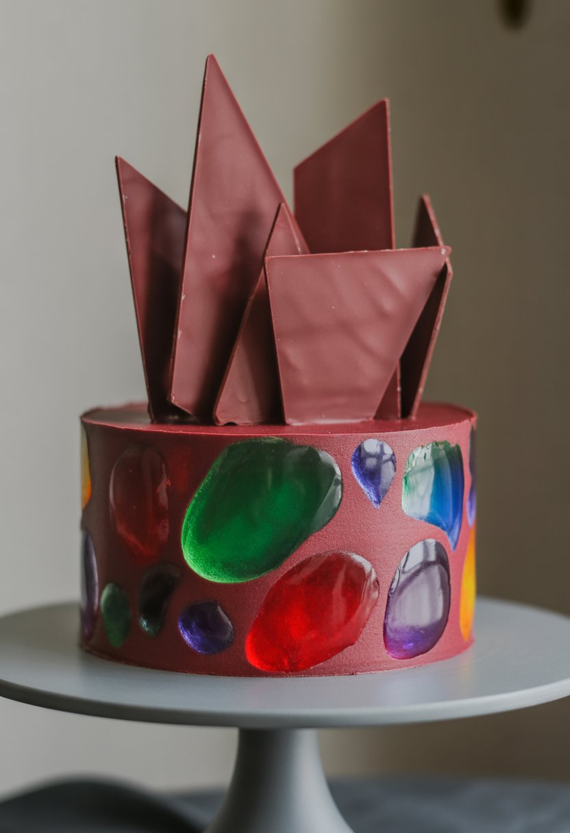 A beautifully decorated cake topped with maroon chocolate shards and colorful jewel-tone accents on a white cake stand.