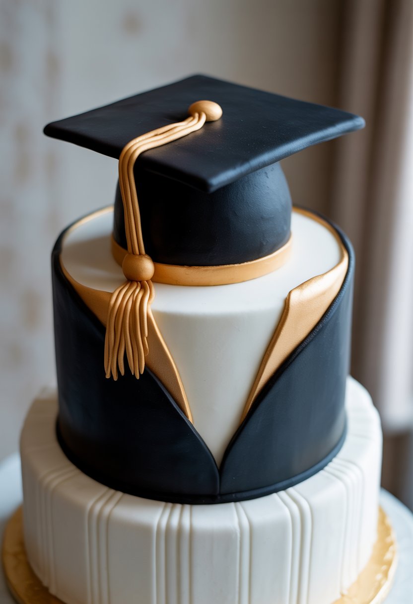 A multi-tiered graduation cake designed to look like a cap and gown, displayed on a white stand.