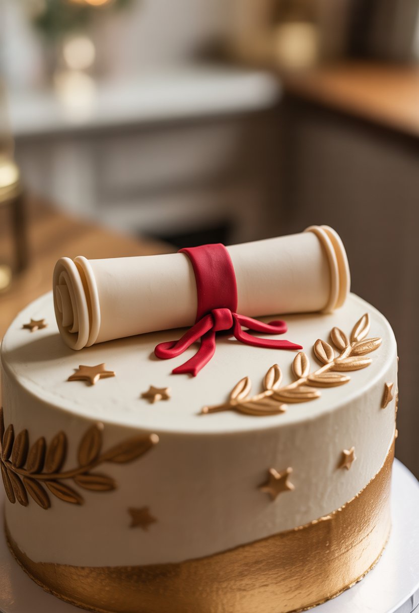 A graduation cake topped with a diploma scroll decoration, surrounded by celebratory details.