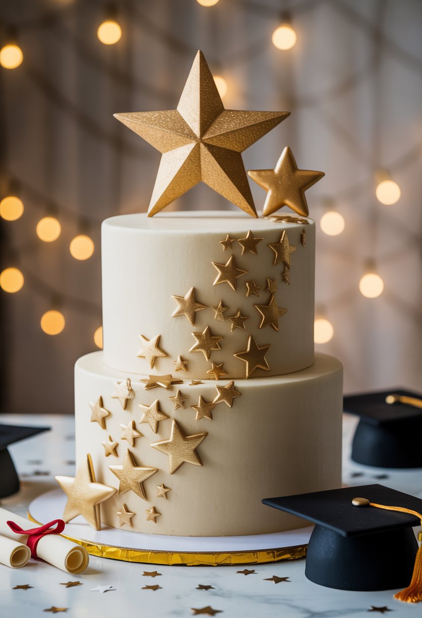 A multi-tiered white graduation cake decorated with gold stars and surrounded by graduation caps and confetti.