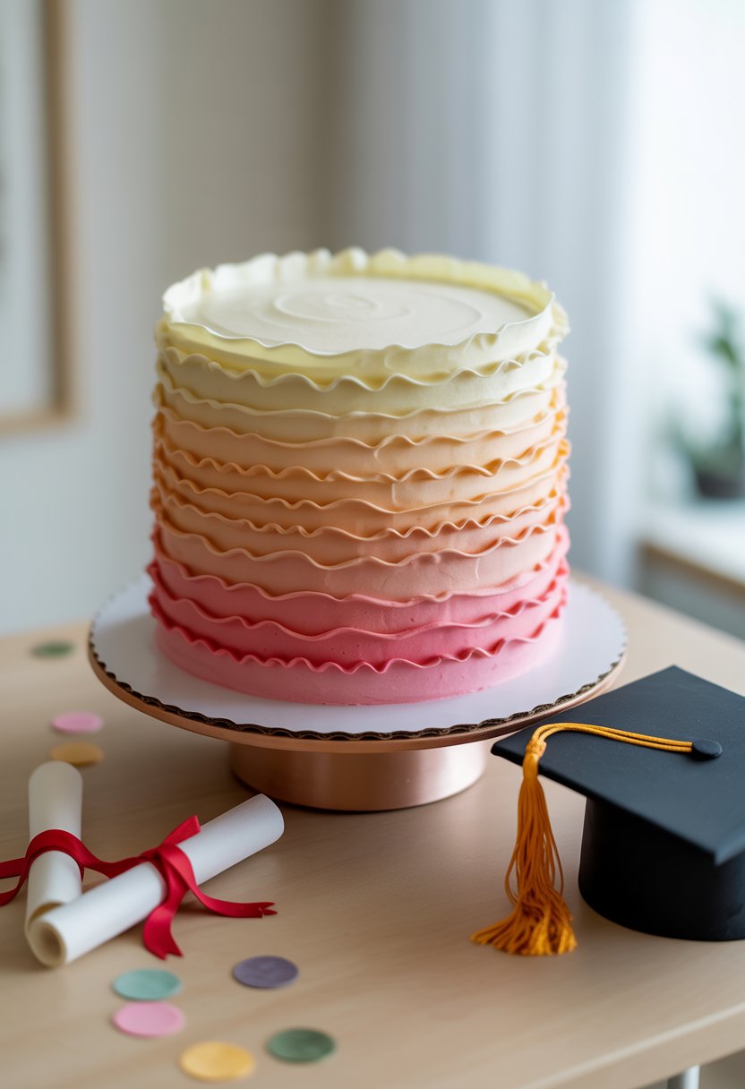 A multi-tiered ombre ruffle cake decorated for a graduation celebration, placed on a table with graduation-themed decorations around it.