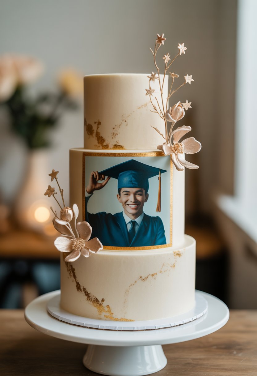 A multi-tiered graduation cake decorated with an edible photo and sugar flowers, displayed on a white cake stand.