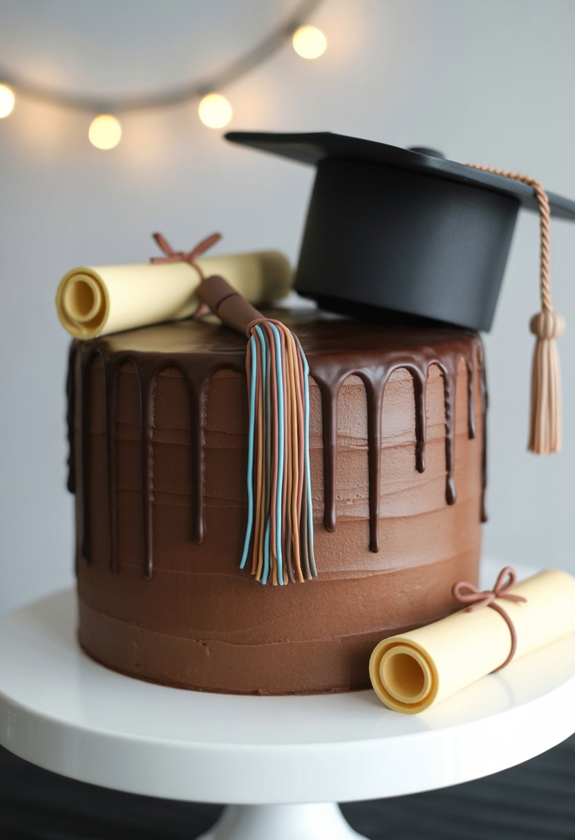 A chocolate drip cake decorated with an edible tassel on top, placed on a white cake stand with graduation cap and diploma nearby.