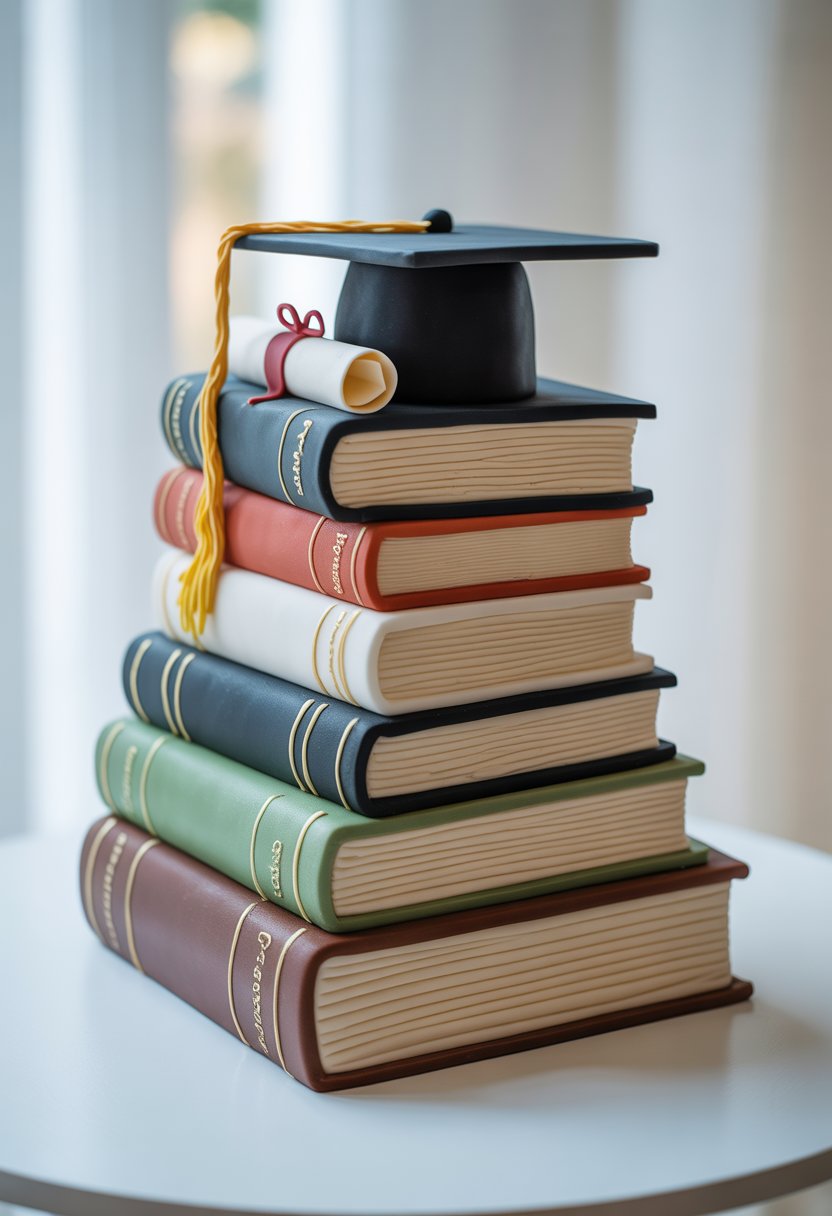 A multi-tiered cake designed to look like a stack of books with a graduation cap and diploma on top.