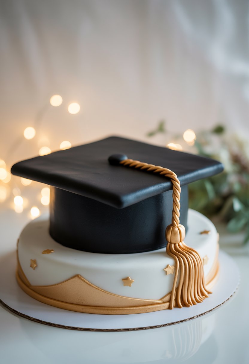 A graduation cake shaped like a black graduation cap with a gold tassel, sitting on a white surface with soft lighting and blurred festive background.