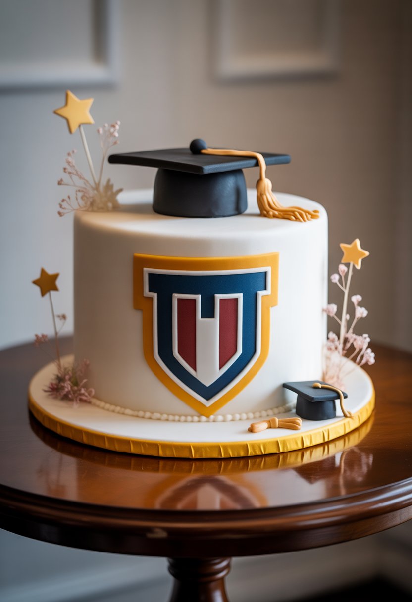 A graduation cake decorated with a university logo design, surrounded by small graduation-themed decorations on a table.