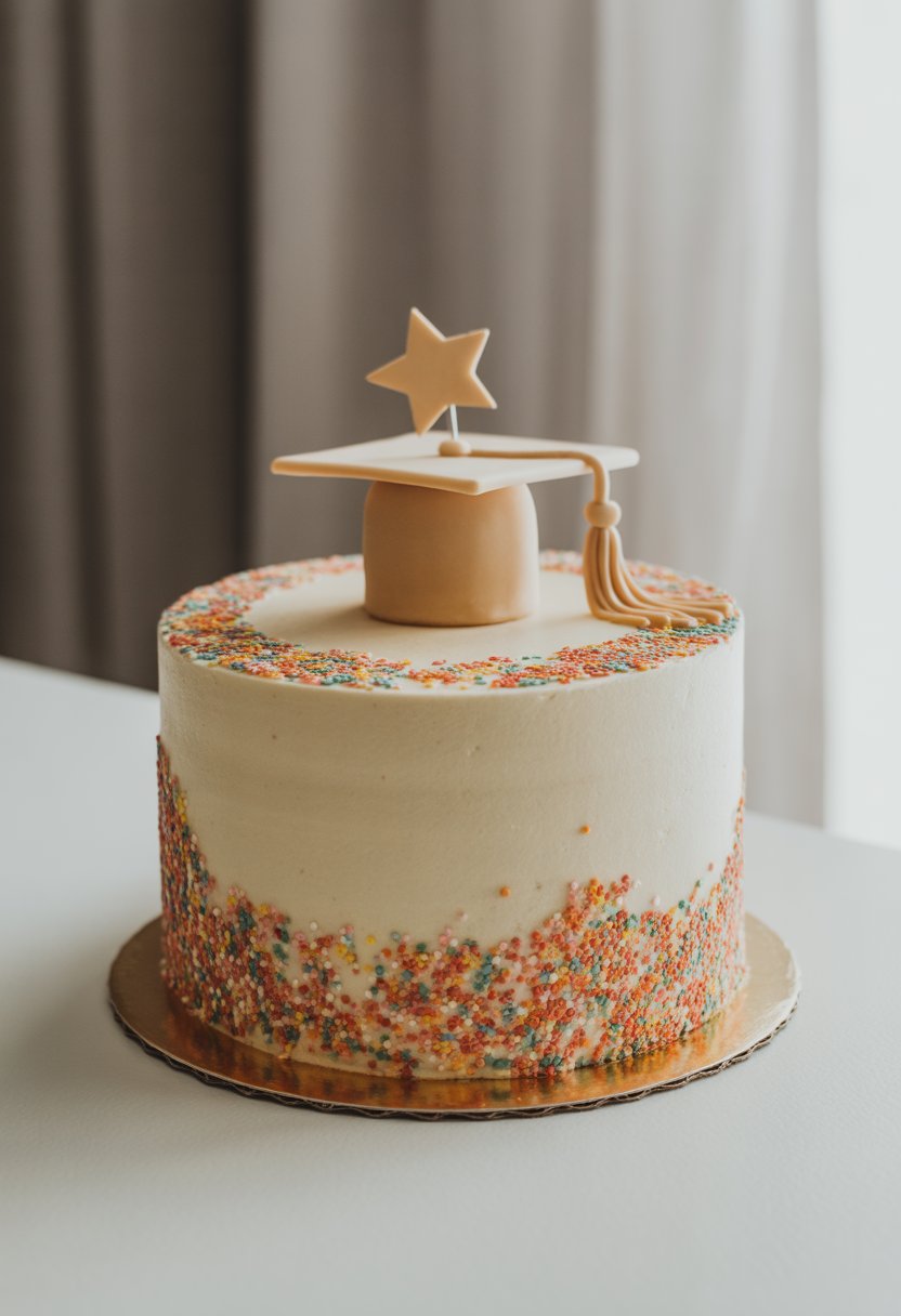 A round white cake decorated with colorful confetti sprinkles, topped with a small graduation cap and gold star decoration.